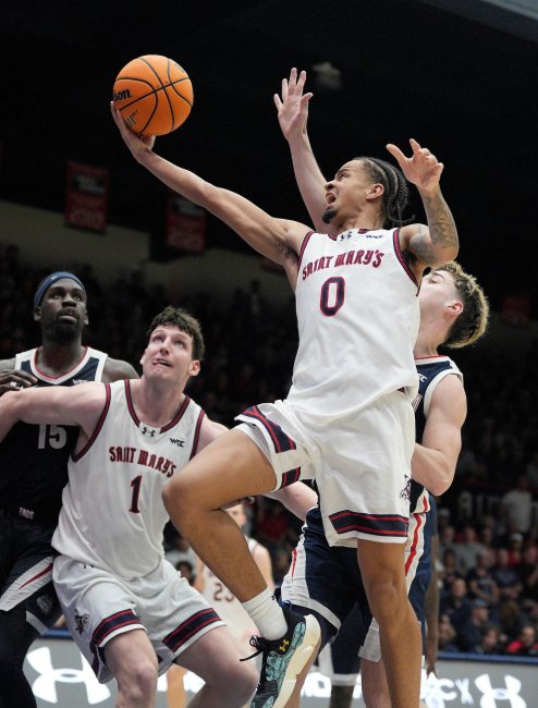 Basketball player Mikey Lewis shoots against Gonzaga while Harry Wessels guards - February 2026