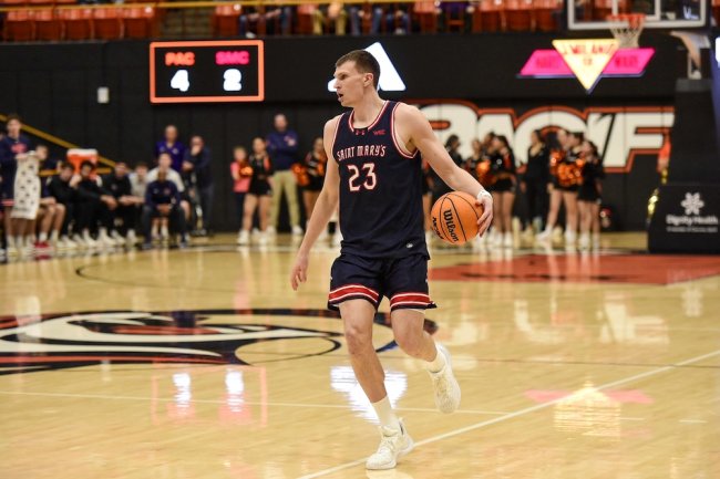 Basketball player Paulius Murauskas drives against Pacific in February 2026