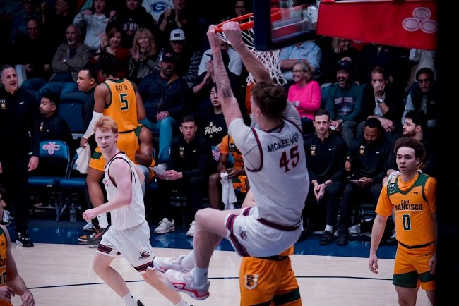 Basketball player Andrew McKeever scores against USF in February 2026