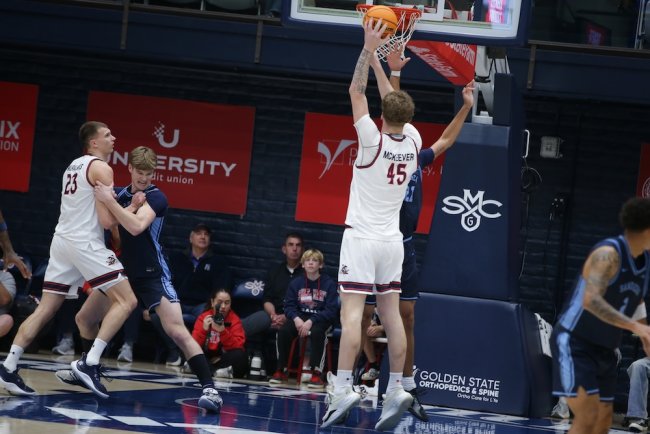 Basketball player Andrew McKeever shoots against San Diego in February 2026