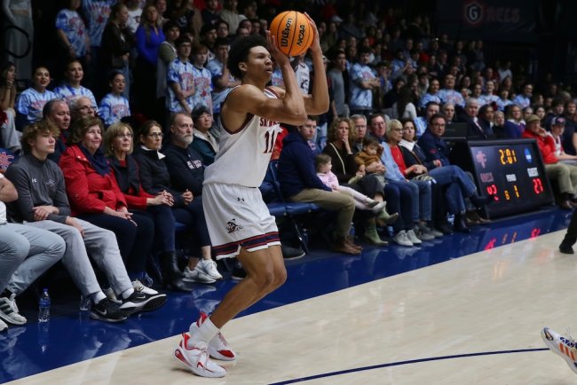 Basketball player Dillan Shaw shoots against Pepperdine in February 2026