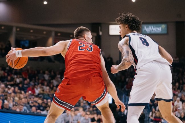 Basketball player Paulius Murauskas drives against Gonzaga in January 2026