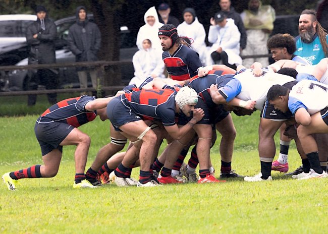 Men's Rugby team in a scrum against Grammer TEC in New Zealand in January 2026