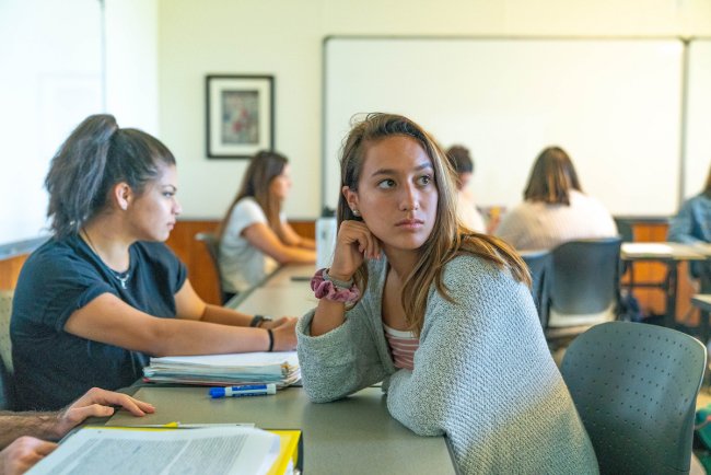 Student looking back in class