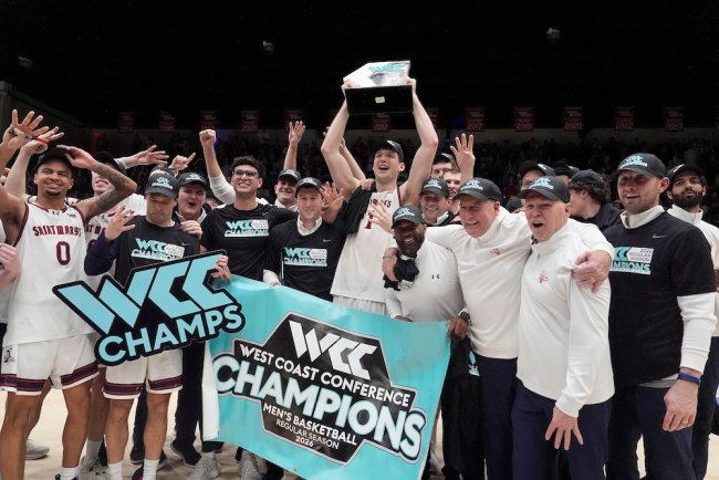 Men's Basketball team with WCC Trophy on February 2026