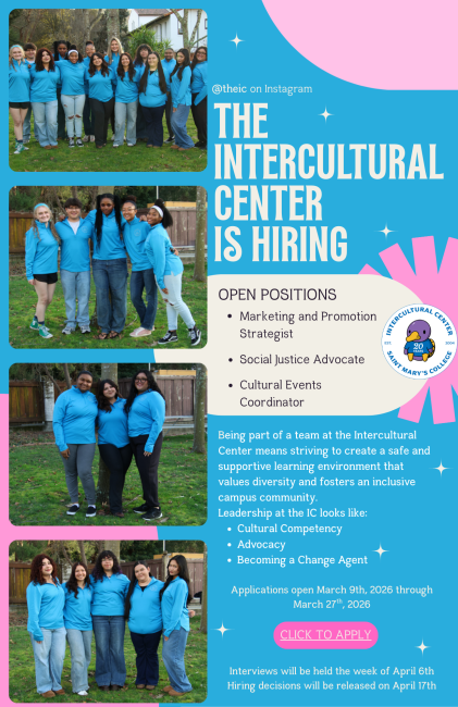 Pink and blue background with pictures of current staff members