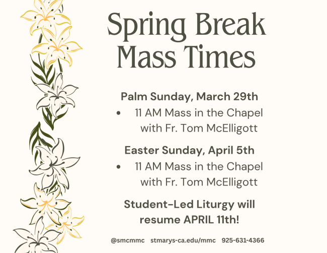 Image of yellow and green flowers on the left side with the text for Spring Break Mass Times