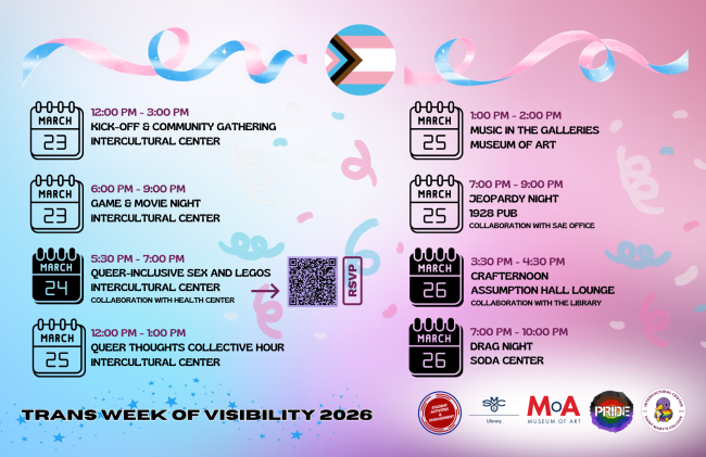 Pink and blue and white gradient background with trans flag colors flags and confetti.