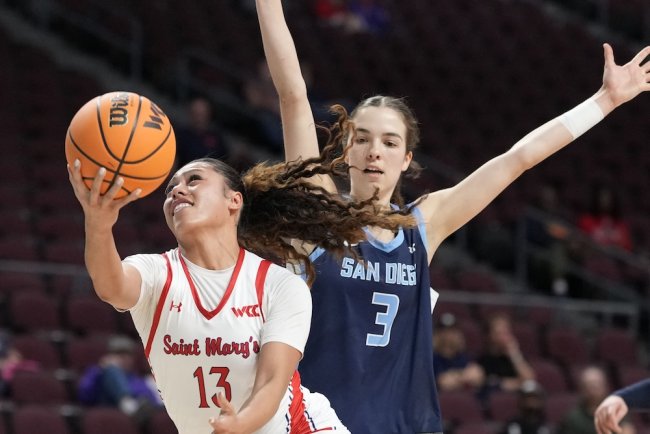 Basketball player Malia Latu drives against USD in 2026 WCC Tournament