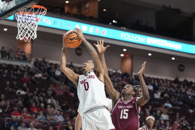 Basketball player Mikey Lewis shoots against Santa Clara in WCC Semifinals in March 2026