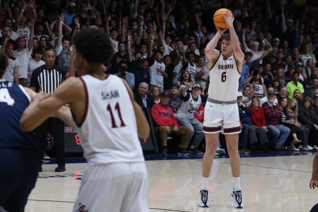 Basketball player Mantas Juzenas shoots against Gonzaga in February 2026