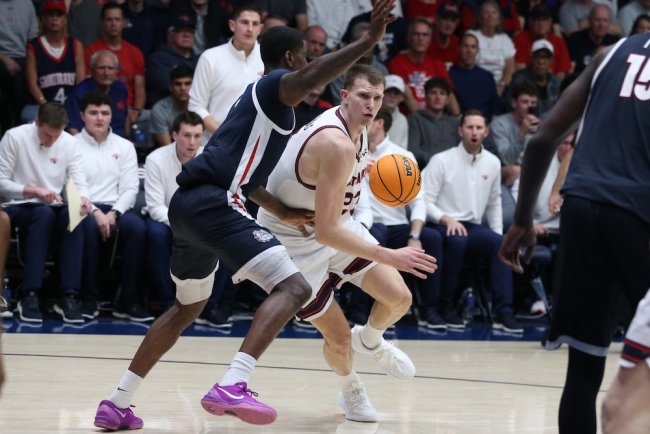 Basketball player Paulius Murauskas drives against Gonzaga in February 2026