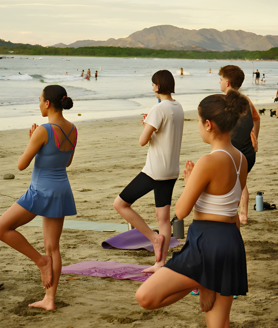 Students doing yoga on the beach