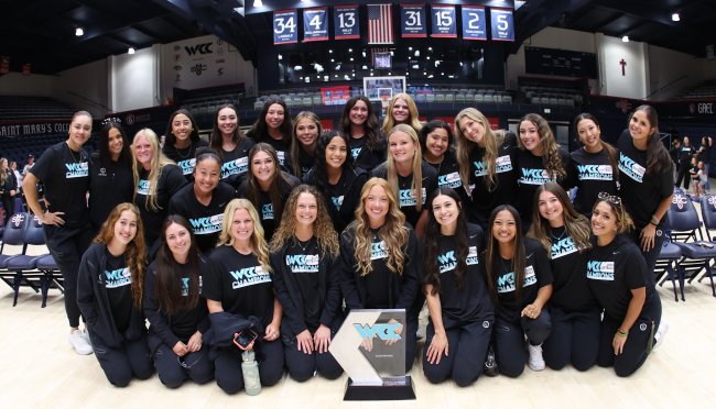 Saint Mary's Softball Team poses with WCC Trophy in May 2026