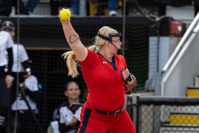 Softball pitcher Madeleine Haun winds up against Idaho State at 2026 NCAA Regional