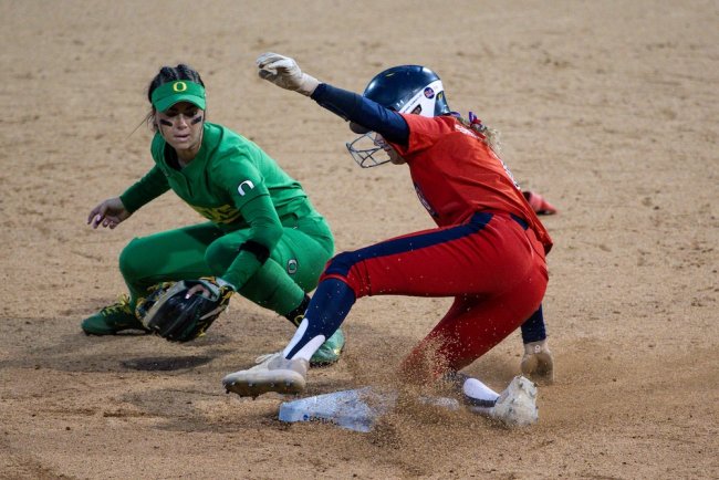 Softball player Hannah Ferguson slides into second base at NCAA Regional in May 2026