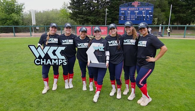 Seven softball players holding WCC trophy in May 2026