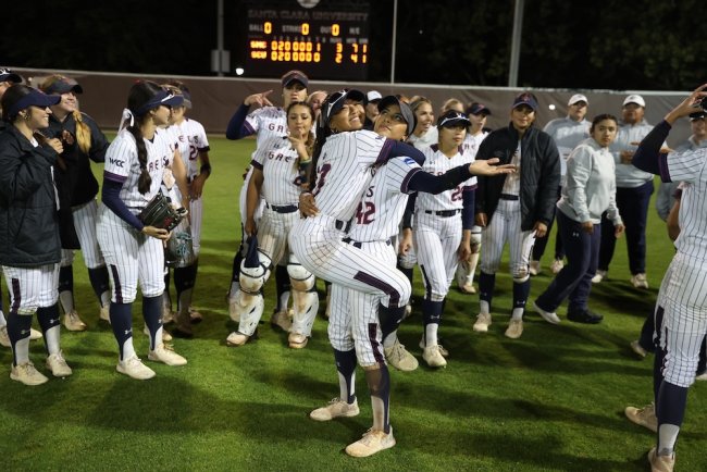 Saint Mary's Softball players hug one another after winning WCC Title in May 2026