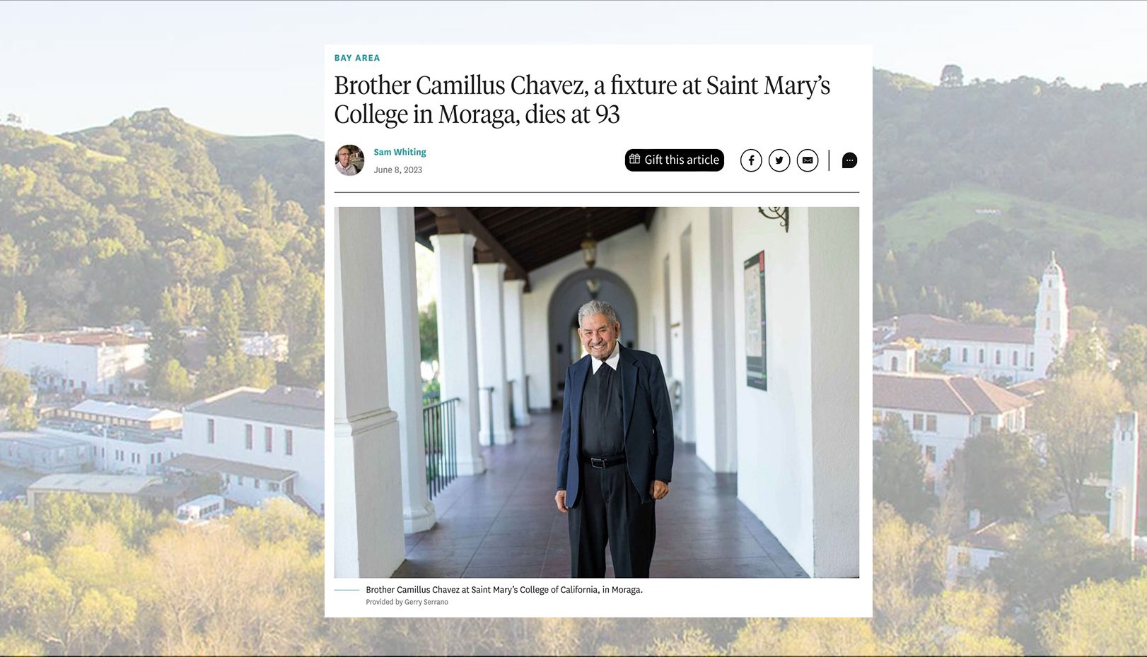 Brother Camillus Chavez obituary in SF Chronicle against a backdrop of the Saint Mary's Campus