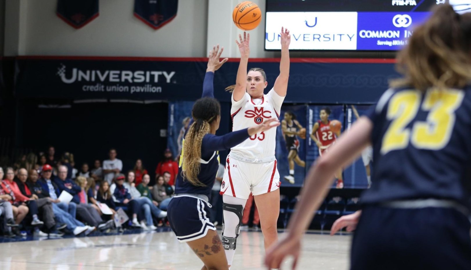 Women's basketball player Ali Bamberger shoots against UC San Diego on November 12, 2023