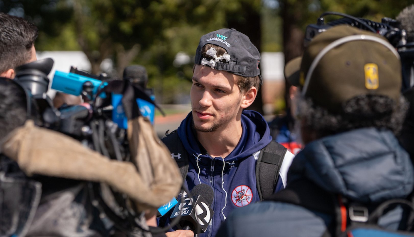 Aidan Mahaney as Saint Mary's community welcomes home the Men's Basketball in March 2024 after they won the WCC Tournament Championship