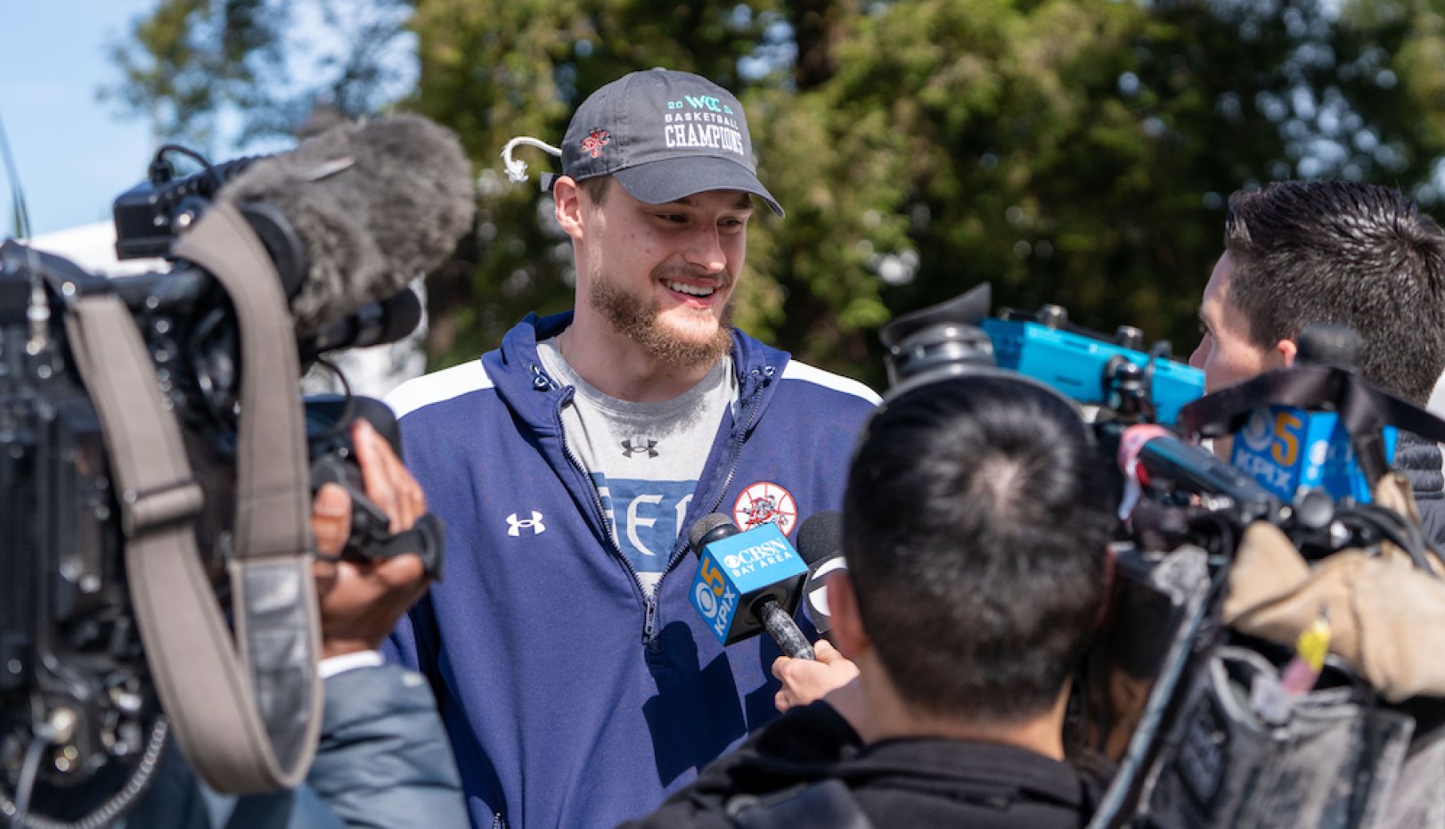 Mitchell Saxen as Saint Mary's community welcomes home the Men's Basketball in March 2024 after they won the WCC Tournament Championship
