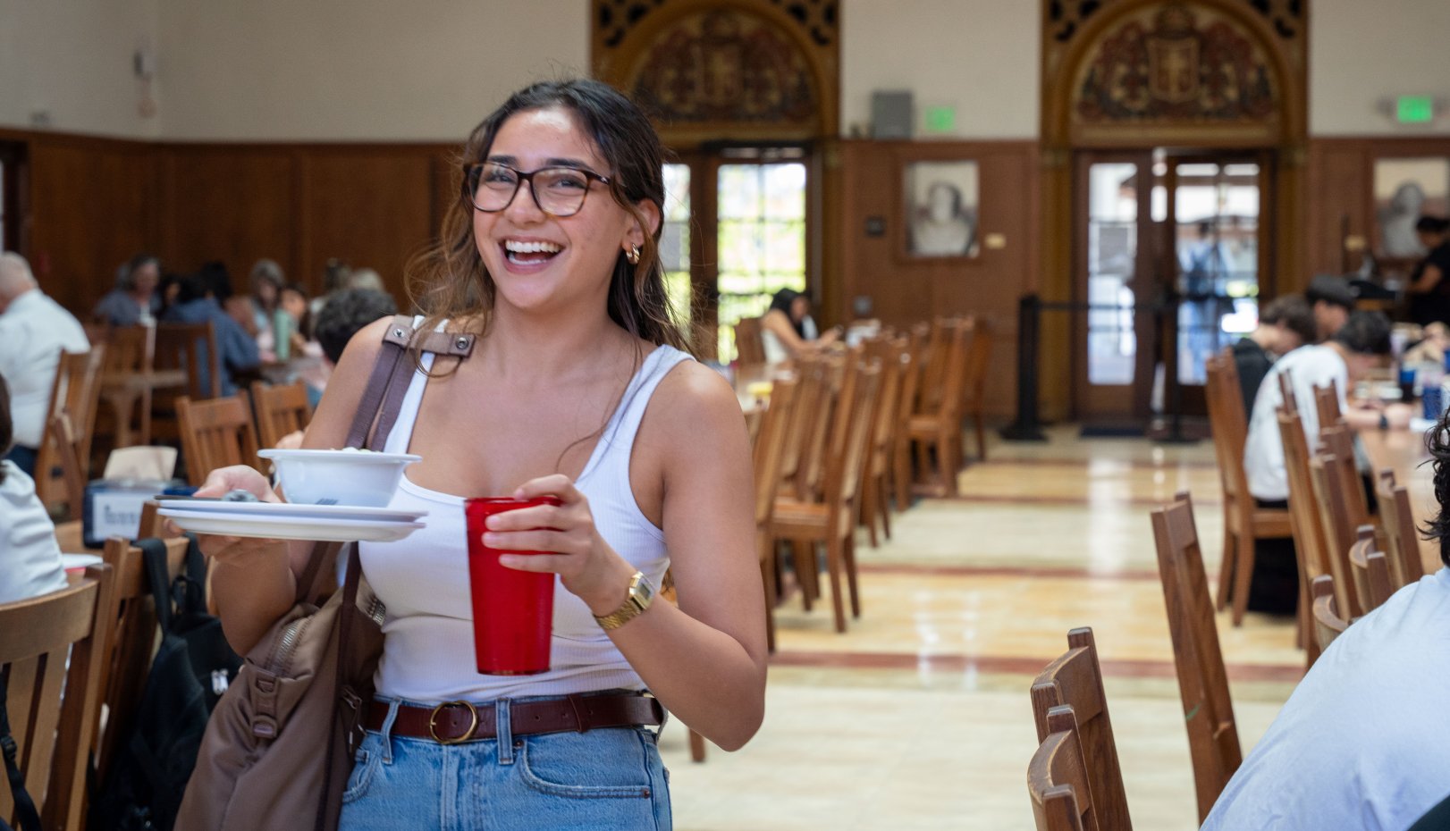 student in dining hall on first day of class