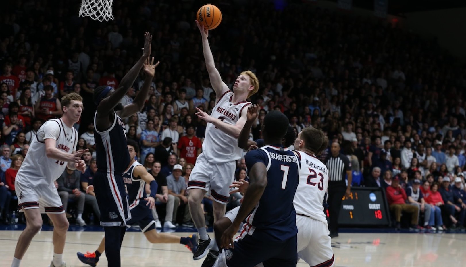 Mantas Juzenas made a massive contribution off of the bench, canning four first half triples, while Mikey Lewis drained two and Dent buried one. Gonzaga held a seven point lead at the break, 36–29, but a Juzenas three with 49 seconds remaining gave the Gaels momentum as the teams headed for the locker rooms.