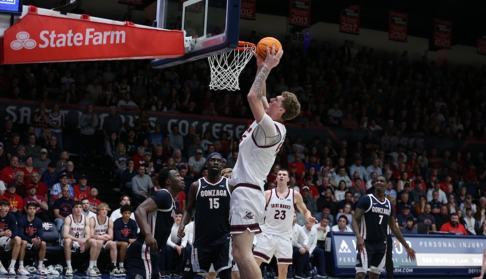 Mantas Juzenas made a massive contribution off of the bench, canning four first half triples, while Mikey Lewis drained two and Dent buried one. Gonzaga held a seven point lead at the break, 36–29, but a Juzenas three with 49 seconds remaining gave the Gaels momentum as the teams headed for the locker rooms.