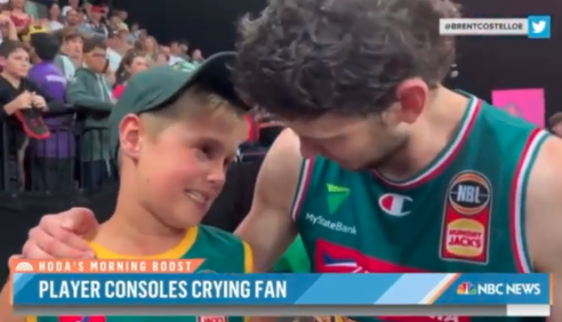 Saint Mary's alum Clint Steindl consoles a young fan after Steindl's Tasmania JackJumpers lost in the NBL semifinals.