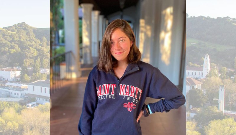 Sofia Cuevas photo with screened image of Saint Mary's campus in the background