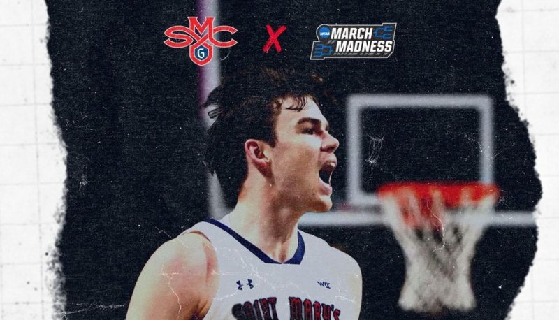 Basketball player Alex Ducas, SMC Logo, and March Madness logo and words 5 Seed 2023 NCAA Tournament