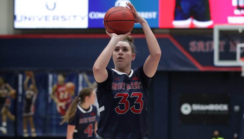 Women's basketball player Ali Bamberger shoots against Santa Barbara