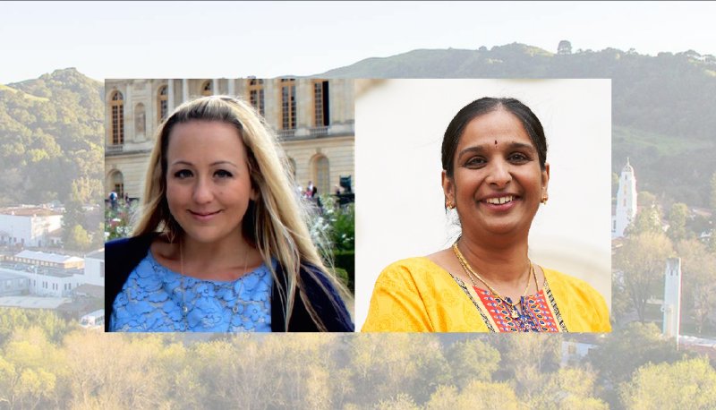 Principal Investigator Mary Candace Raygoza, PhD, assistant professor of Teacher Education; and Co-Principal Investigator Vidya Chandrasekaran, PhD, associate professor of Biology, with SMC campus in background