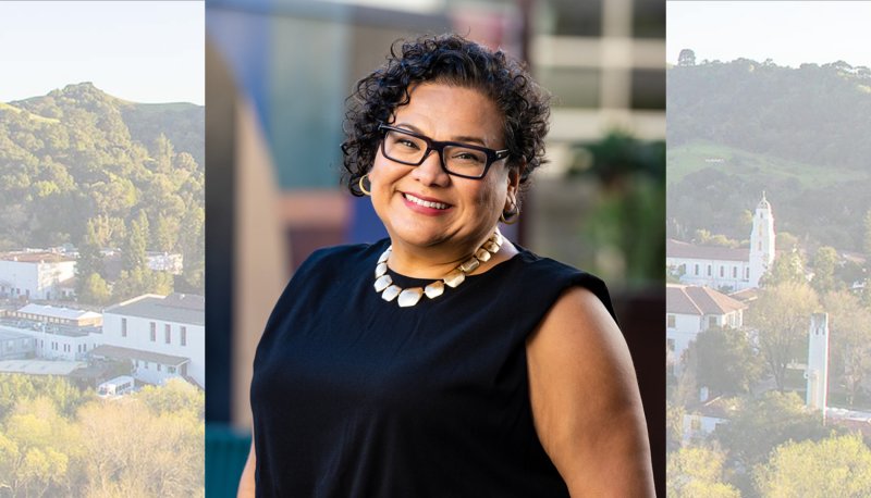 Angélica Garcia with SMC campus in background for May 2023 story