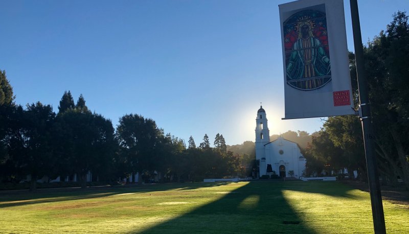 Saint Mary's Chapel with a banner on a pole in the foreground