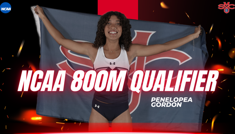 Runner Penelopea Gordon and the words NCAA 800M Qualifier, Penelopea Gordon, NCAA logo + SMC logo