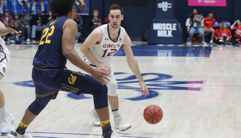 Basketball player Tommy Kuhse faces a player from Cal