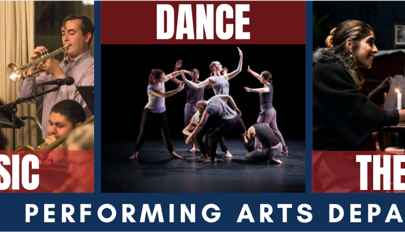 Performing Arts header with students acting, singing, and playing music