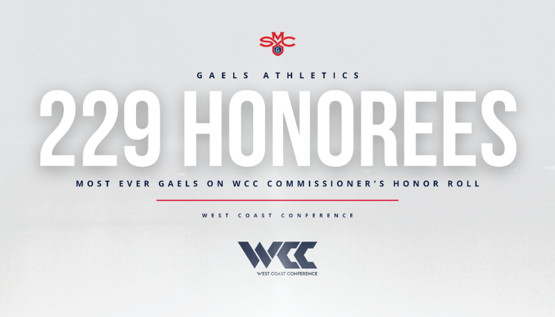 Text: Gaels Athletics 229 Honorees - Most Ever Gaels on WCC Commissioner's Honor Roll