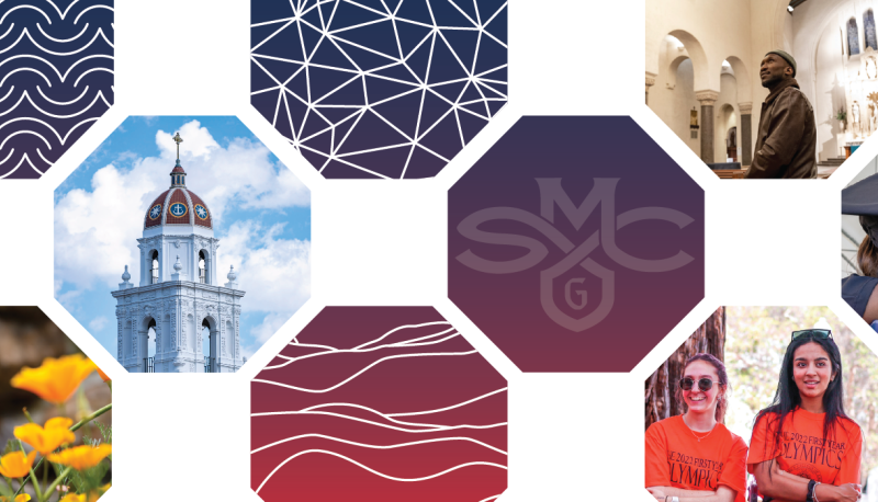 Cover of 2023 SMC Branding Guidelines including photos of people and chapel and SMC logo