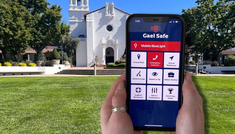 Gael Safe in front of Chapel