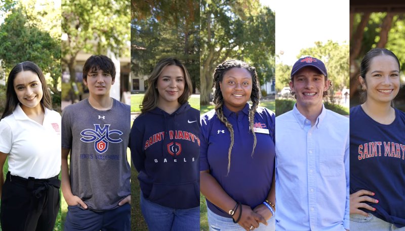 Six students smile at the camera in a collage