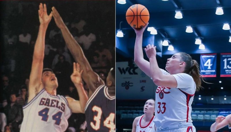 Two-part photo showing women's basketball player Ali Bamberger on the right and her father on the left