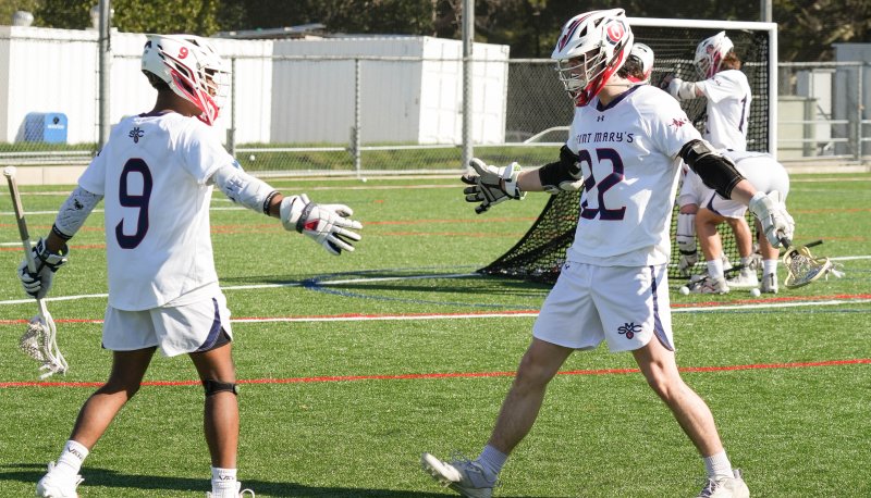 #9 Jashae Williams and #22 Chase Parker celebrate after a victorious win against Cal Poly Humboldt on Feb 24. /Photo by Dominco Russo ‘24
