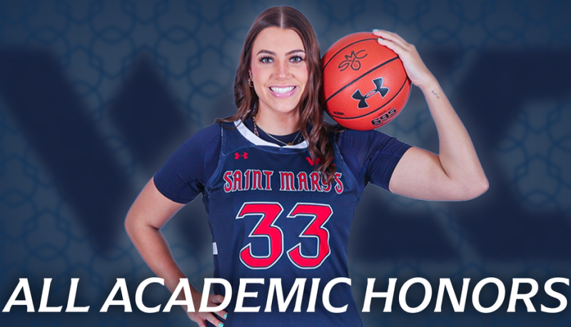 Women's basketball player Ali Bamberger and text ALL ACADEMIC HONORS