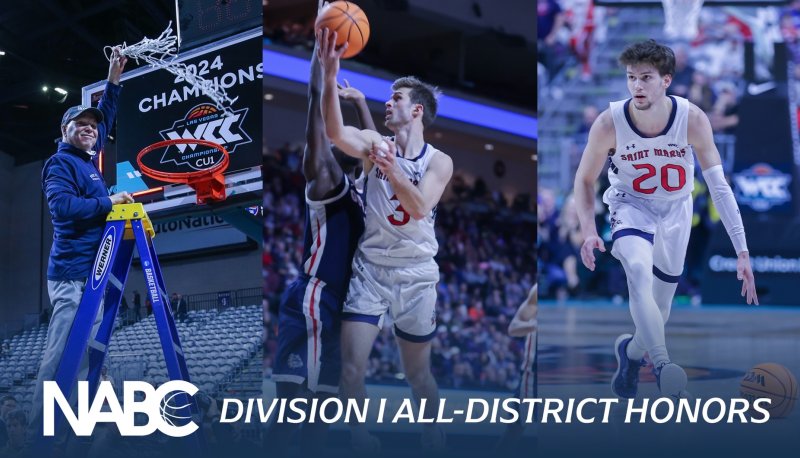 Collage of men's basketball coach Randy Bennett and players Augustus Marciulionis and Aidan Mahaney, and text NABC Division I All-District Honors