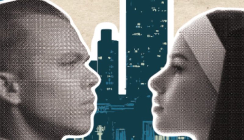 A young man and woman face off with city buildings in the backgrund