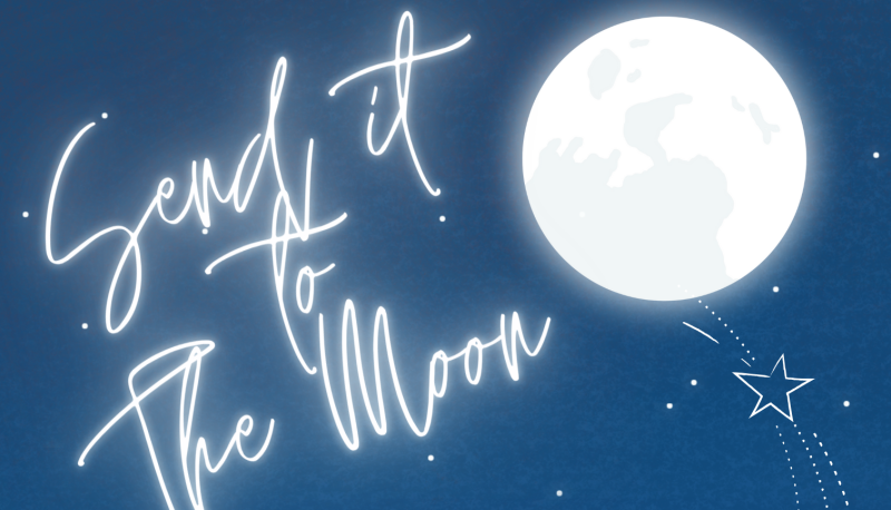 a white moon against a blue sky and some shadowy figures on the edge of a cliff