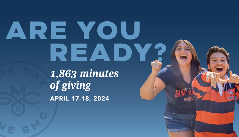 Two SMC students smiling and text ARE YOU READY? 1863 minutes of giving, April 17–18, 2024